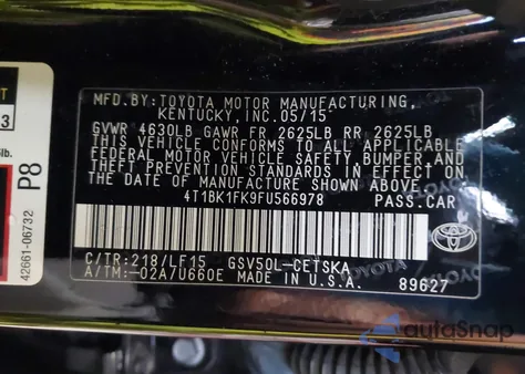 2015 Toyota Camry Xse V6 из США, поврежденный, VIN 4T1BK1FK9FU566978